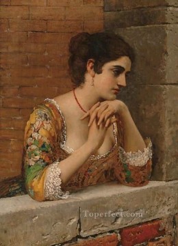 ウジェーヌ・デ・ブラース Painting - バルコニーのベネチアの美しさの女性ユージン・デ・ブラース